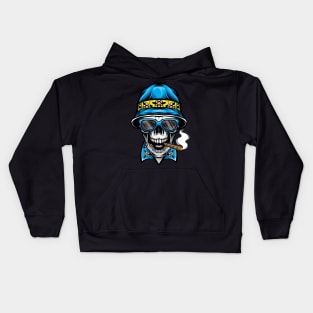 smoking skull wearing bucket hat Kids Hoodie